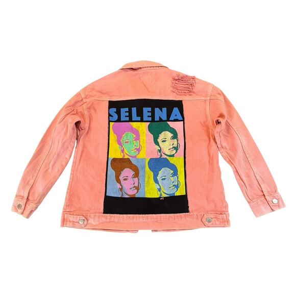 SELENA QUINTANILLA Queen of Tejano Music Upcycled Retro Pink Denim Jacket Size L - Picture 7 of 13